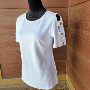 Dennis by Dennis Basso Luxe Crepe Women's White Lattice Sleeve Top Size XXS NWOT